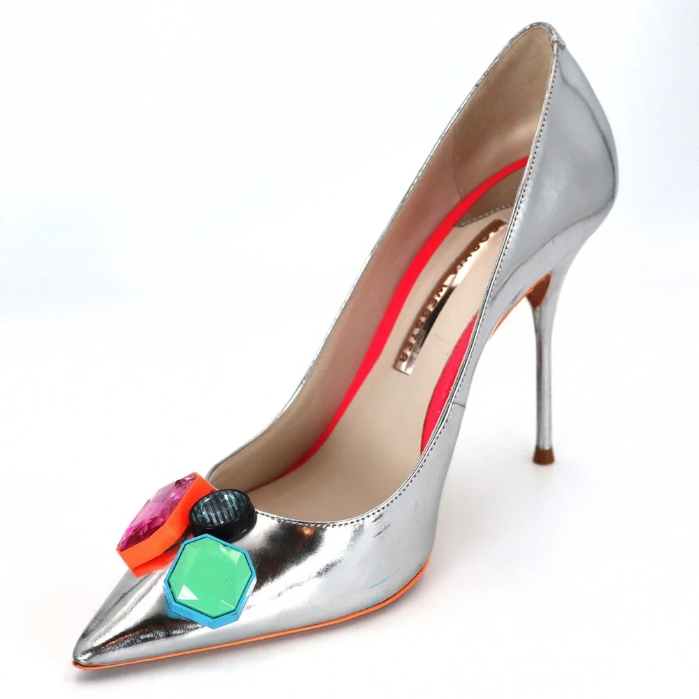 Sophia Webster Pumps Womens 40 Silver Metallic Crystal Stiletto Party Heel Retro